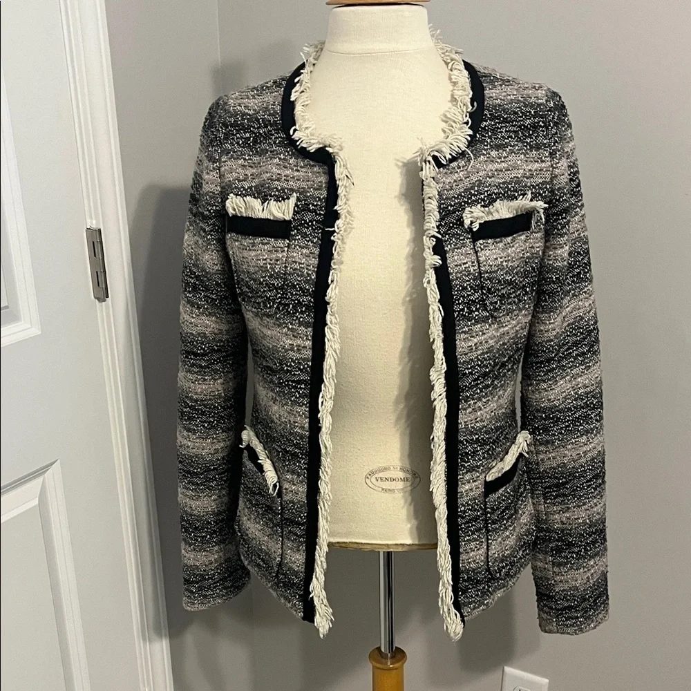 Cynthia Rowley Black/Grey/Pink Fringed Striped Blazer Sz M